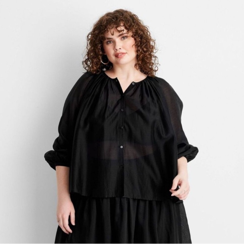 Future Collective Boho Button Down Flowy Black Blouse Size XXL